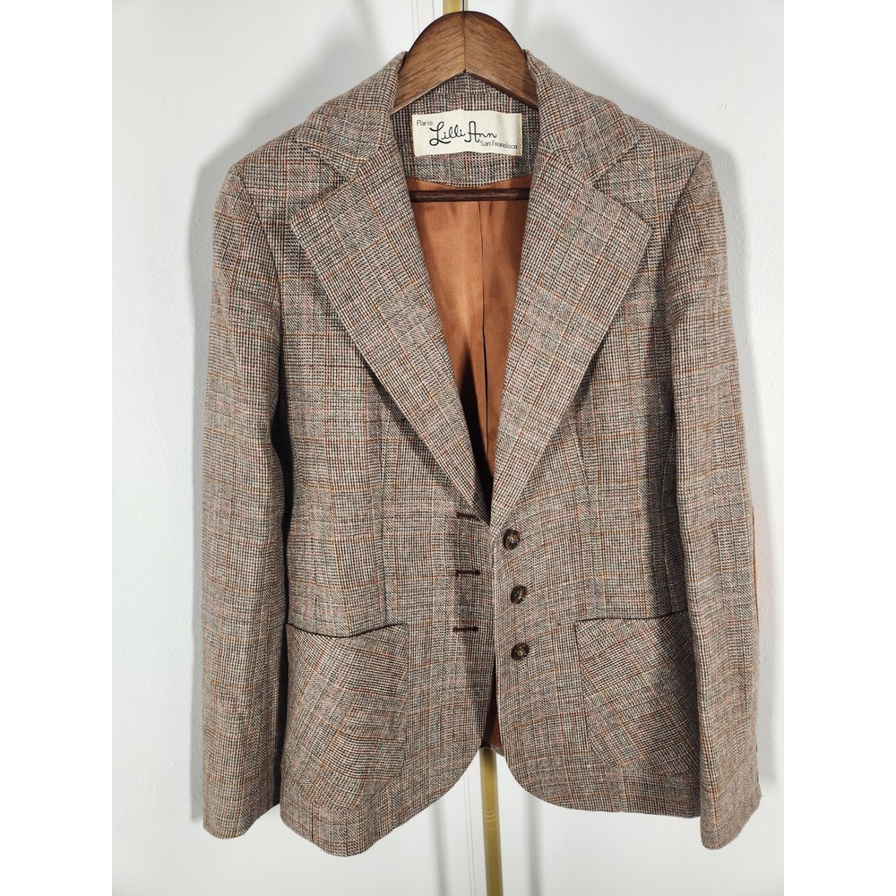 VTG Paris Lilli Ann San Francisco Brown 100% Wool Plaid Womens 3-Button Blazer